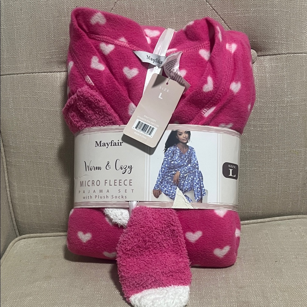 Mayfair Pink Heart Micro Fleece Pajama Set - Size L